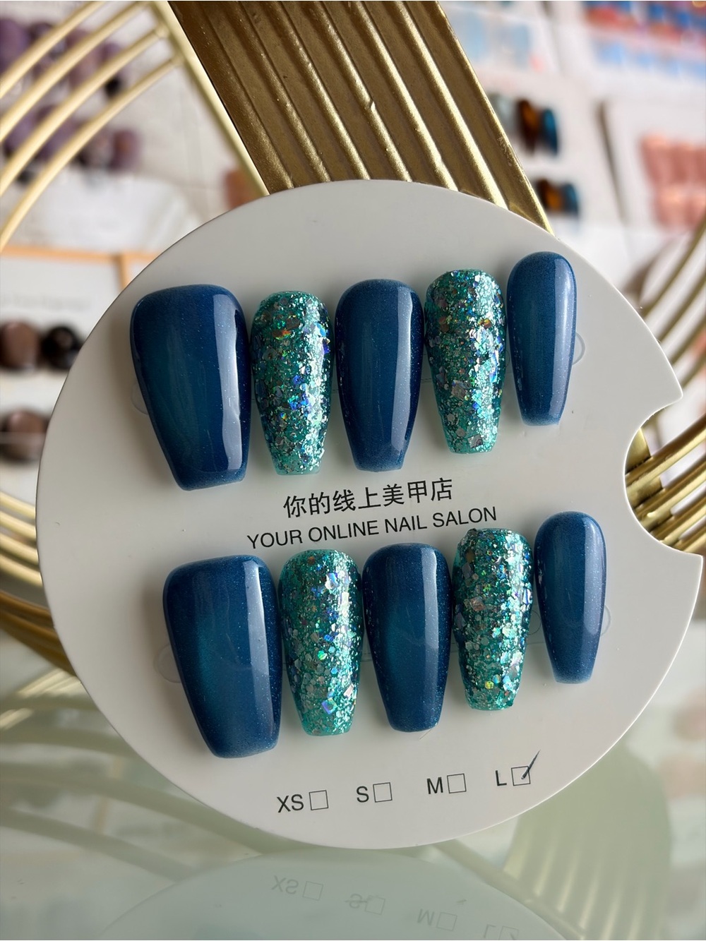 Blue Teal Glitter Press-On Nail Set Coffin Shape Large